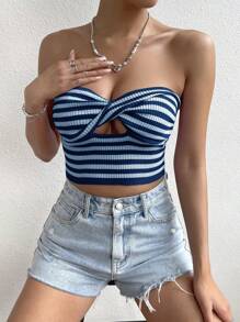 SHEIN Unity Women's Striped Halter Knit Top With Twist & Hollow Out Design - Blue - View 3