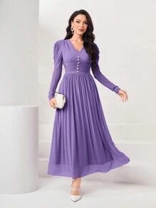 Modelyn Women's Solid Color Pleated Elastic Waist Bubble Sleeve Dress Long Evening Dresses - Lilac Purple - View 3