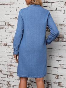 SHEIN LUNE Button Front Pockets Casual Denim Dress - Blue - View 4
