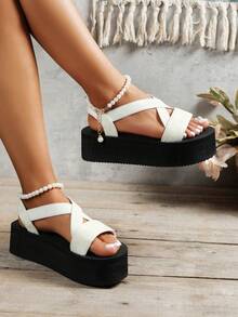 Của phụ nữ Kích thước lớn Thoải mái Ngọc trai trắng Đàn hồi Băng chéo Nêm Giày cao gót , Nền tảng Dép xăng đan , Dép phẳng , Dép thể thao - trắng - Xem 3