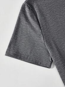 EMERY ROSE Casual Minimalist Lotus Graphic Round Neck Short Sleeve Fitted T-Shirt For Women, Cotton Blends, Suitable For Summer Suitable For Going Out - Dark Grey - View 7