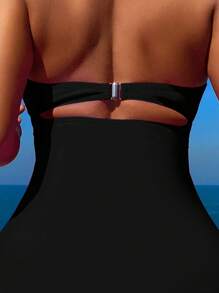 Swim Vcay 夏季海灘純色掛脖打結鏤空連身泳衣 - 黑色 - 查看 4