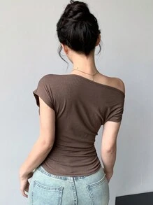 DAZY Women's Off Shoulder Wrap-Front Minimalist Sexy T-Shirt