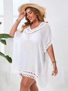SHEIN VCAY Plus Size V-Neck Casual Hollow Knitted Top - White - View 5