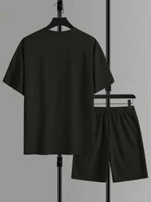 Manfinity Homme Men Letter Patched Detail Drop Shoulder Tee & Drawstring Waist Shorts - Black - View 2