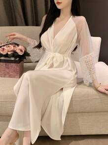 DAZY Lace & Rhinestone & Mesh Contrast Satin Nightgown Pajama - White - View 3