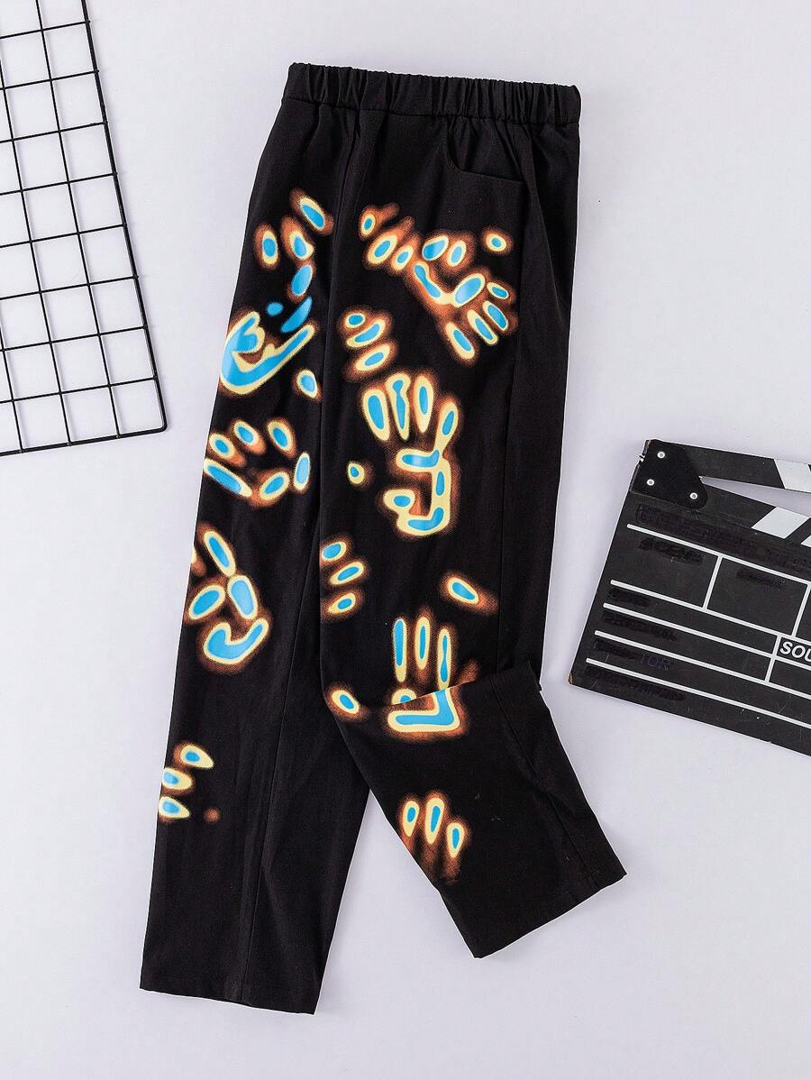 SHEIN Teen Boy Black Printed Long Pants For Spring And Summer