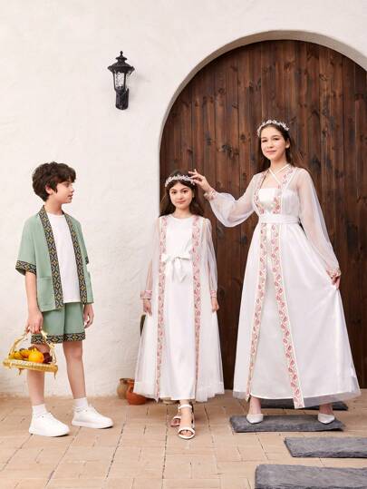 SHEIN 青少年男孩鬆身可愛幾何刺繡拼接提花緞帶針織針織開衫和短褲套裝