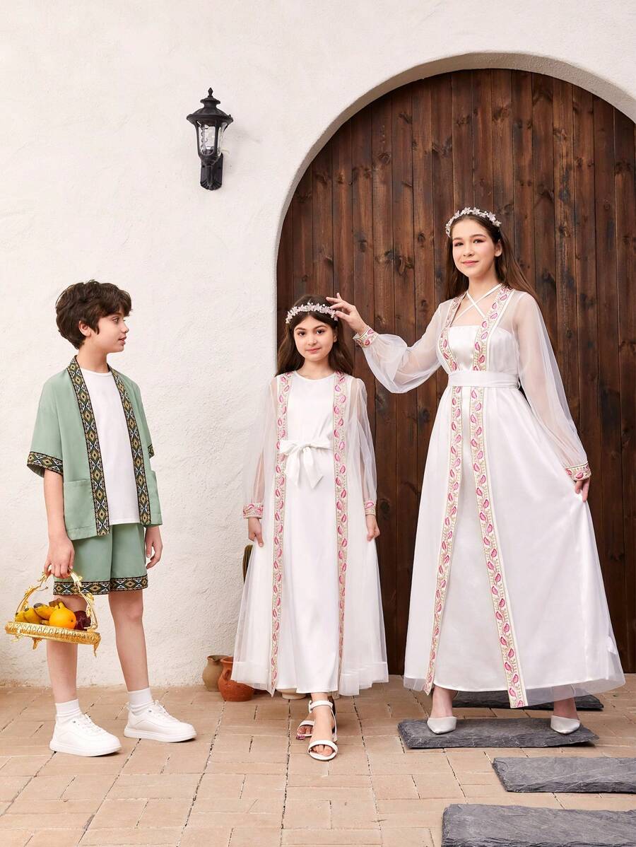 SHEIN 青少年男孩鬆身可愛幾何刺繡拼接提花緞帶針織針織開衫和短褲套裝 - 綠色 - 查看 1