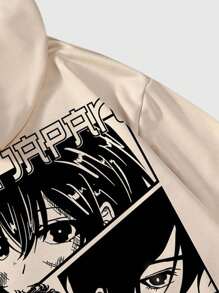 ROMWE MEN Anime 男士日式写字图形抽绳连帽衫，学校 - 卡其色 - 查看 4