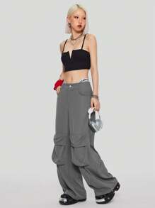 SHEIN EZwear Women's Cargo Solid Color Loose Fit Wide Leg Pants - Dark Grey - View 3