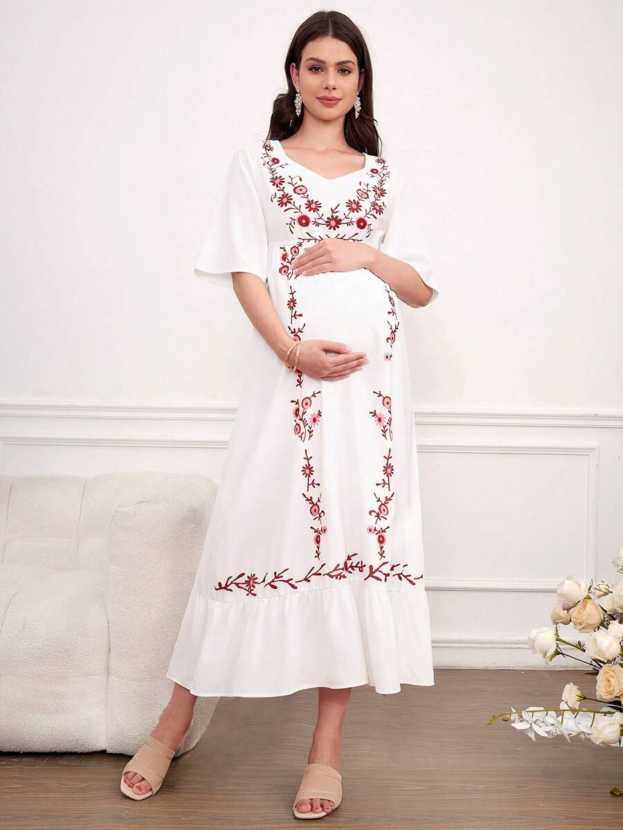 SHEIN Vestido Floral De Estilo Simples Para Maternidade - Branco - Visão 1
