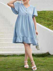 SHEIN Essnce Plus Size Blue Spring Summer New V-Neck Ruffled Sleeve Button Detail Dress - Blue - View 4