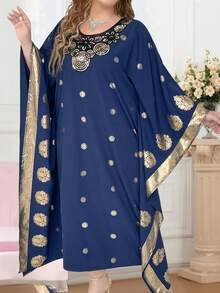 SHEIN LUNE 大尺寸圖案印花蝙蝠袖連身裙 - 藍色 - 查看 3