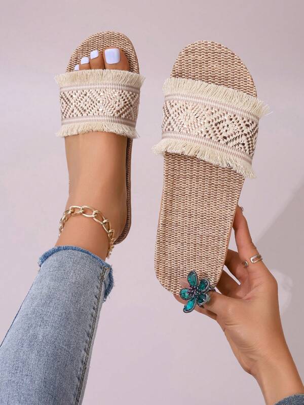 Fashionable Flowing Gold Strap Summer Sandals Open Linen Slippers