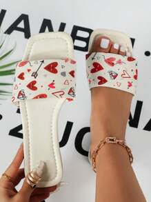 女士紅白心形印花pu扁平涼鞋,用於婚禮；女士白色扁平涼鞋,適用於戶外活動和休閒穿著,2024年新品 - 白色 - 查看 1
