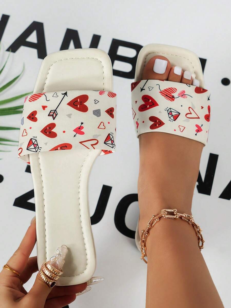 女士紅白心形印花pu扁平涼鞋,用於婚禮；女士白色扁平涼鞋,適用於戶外活動和休閒穿著,2024年新品 - 白色 - 查看 1