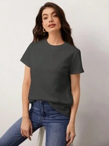 SHEIN BASICS Ladies' Solid Color Short Sleeve T-Shirt - Dark Grey - View 4