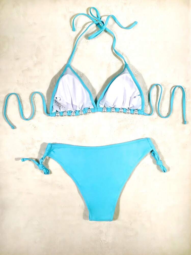 Faux Pearl Detail Halter Neck Bikini Set With Detachable Straps, Vacation Bikini Set Summer Beach