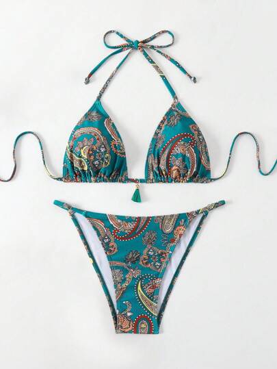 SHEIN Swim Summer Beach Women's Floral Print Halter Neck Tie Bikini Swimwear Set