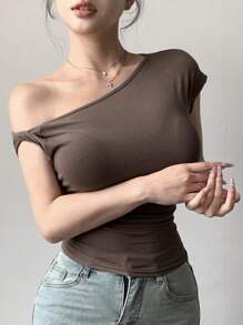 DAZY Women's Off Shoulder Wrap-Front Minimalist Sexy T-Shirt