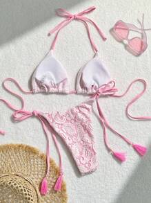 Swim Mod Conjunto de bikini de encaje soluble en agua para mujer con cuello halter, traje de baño de bikini con cuerda para traje de baño, outfit de playa para vacaciones de verano - Multicolor - Ver 2