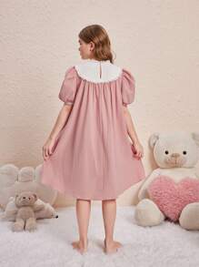 SHEIN Leap Crew Tween Girls' Lovely Princess Style Round Neck Sleep Dress With Bow Decoration And Bunny Embroidery For Summer - Baby Pink - View 2