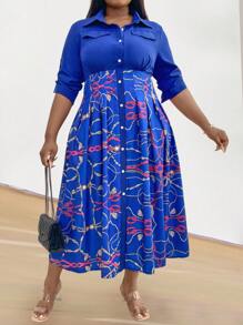 SHEIN Clasi Plus Size Dây chắp vá In eo-Cinching Nút phía trước - Nhiều màu - Xem 5