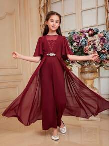 SHEIN Tween Girl 1 szt. Śliczny kombinezon z okrągłym dekoltem i kryształkami, z peleryną i rękawami - Burgund - Zobacz 4