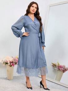Modelyn 大码纯色蕾丝拼接连衣裙长款晚礼服 - 藍色 - 查看 3