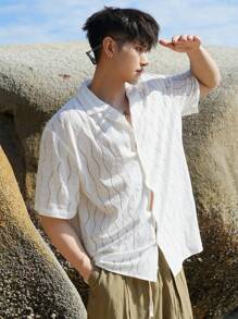 DAZY 男士夏季波浪条纹衬衫，秋季度假服装 - 米色 - 查看 7