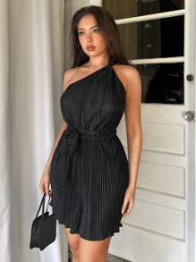 Aloruh Elegant Asymmetrical Neck Sleeveless Self Tie Romper