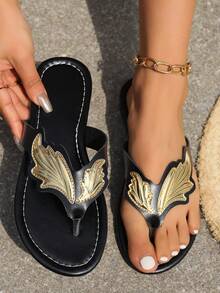 Đúng mốt Quý cô Dép phẳng Với Vàng Cánh , Linh hoạt Dép đi trong nhà Cho mùa hè - màu đen - Xem 3