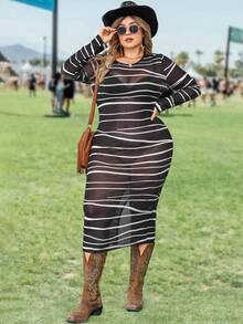 SHEIN LUNE 大尺碼女士條紋圓領網紗長袖緊身連衣裙 - 黑色 - 查看 3