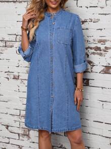 SHEIN LUNE Button Front Pockets Casual Denim Dress - Blue - View 3