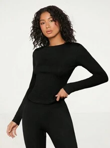 SHEIN BASICS Casual Rib-Knit Solid Long Sleeve Tee For Spring & Autumn - Black - View 3