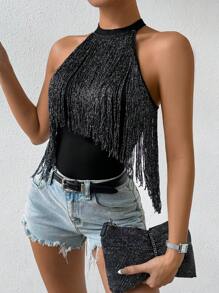 Chiquease 修身剪裁流蘇裝飾露頸連體褲 - 黑色 - 查看 1