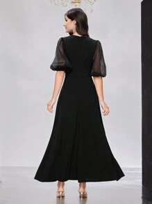 Modelyn Women's Bubble Sleeve Dress With Rhinestone ,Elegant Evening Party Dress Long Evening Dresses - Black - View 2