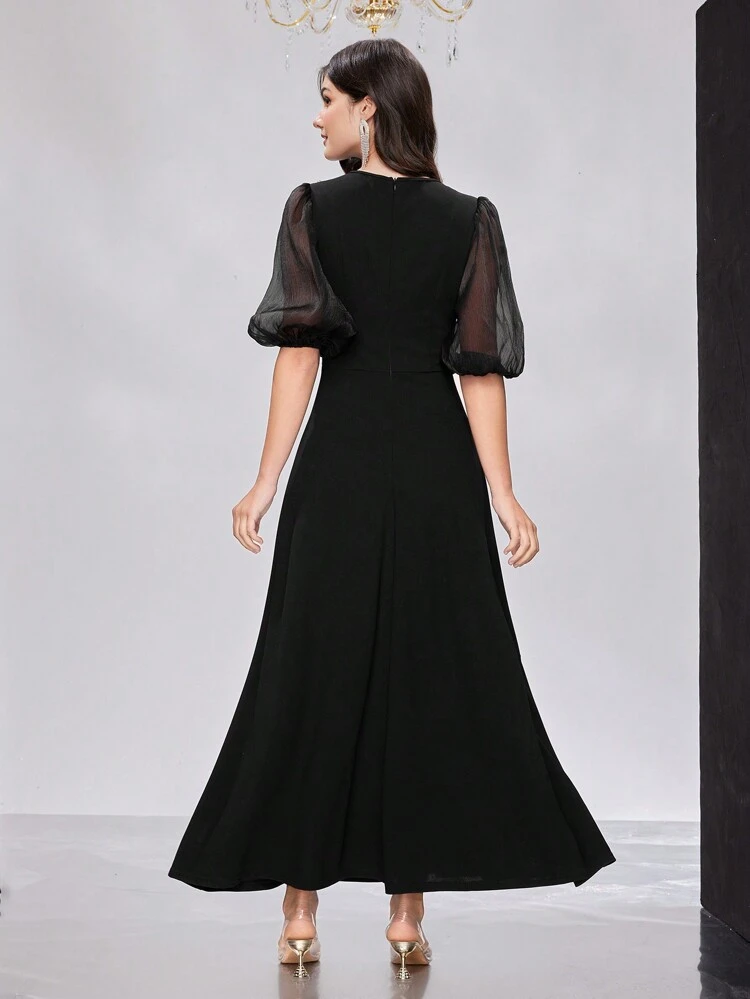 Women's Bubble Sleeve Dress With Rhinestone ,Elegant Evening Party Dress Long Evening Dresses