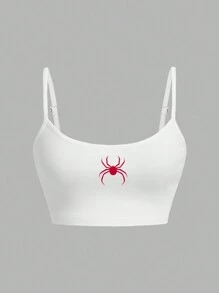 SHEIN EZwear Casual Halloween Red Spider Graphic Sexy Camisole Tank Top, Fitted For Women, Summer - White - View 1