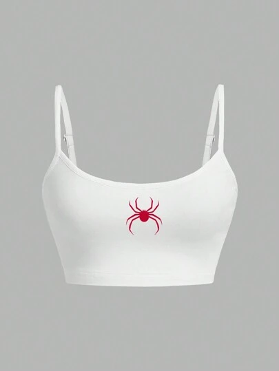 SHEIN EZwear Camiseta de tirantes ajustada con gráfico de araña roja casual y sexy para mujer, ideal para el verano