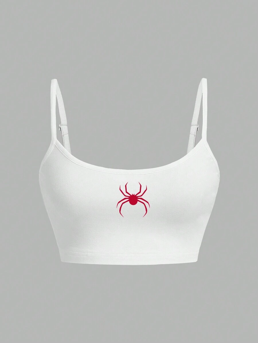 SHEIN EZwear Casual Halloween Red Spider Graphic Sexy Camisole Tank Top, Fitted For Women, Summer - White - View 1