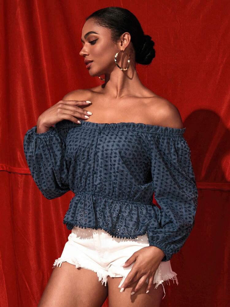 Designer Women's Embroidered Loose Blouse With Off Shoulder Frill Design, Fall, For Autumn & Winter, Holiday, Thanksgiving, Vacation, Spring, Spring, Festival