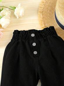 SHEIN Vintaside Kids 女嬰休閒錐形牛仔褲，花苞腰設計 - 黑色 - 查看 4