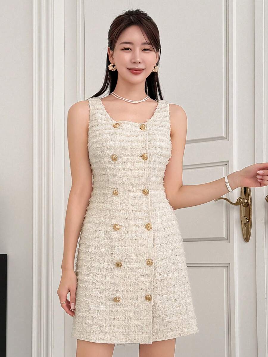 DAZY 腰部收紧无袖短款连衣裙 太阳裙 秋冬格子 - 杏色 - 查看 1