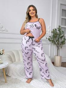 SHEIN Conjunto De Pijama De Dos Piezas Con Tirantes Butterfly Y Pantalones Largos Para Tallas Grandes - Morado - Ver 3