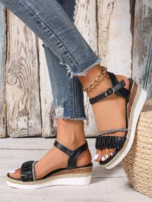 Của phụ nữ Kích thước lớn Đen Kim cương Trang trí Dệt Nêm Dép xăng đan Với Đệm khí Thoải mái - màu đen - Xem 3