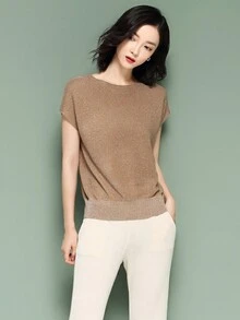Casual Shiny Crew Neck Knit Top, Spring/Summer - Khaki - View 3