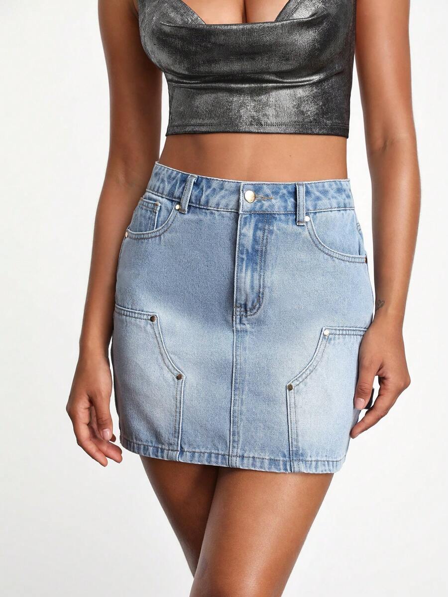 Hunter Kilstrom Designer Blue Denim ALine Skirt With Embroidered