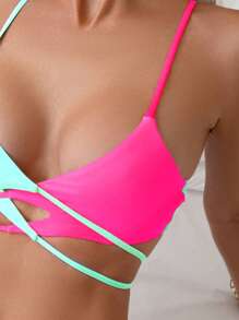 SHEIN Swim 夏季海灘女性對比色交叉背比基尼套裝 - 彩色 - 查看 4